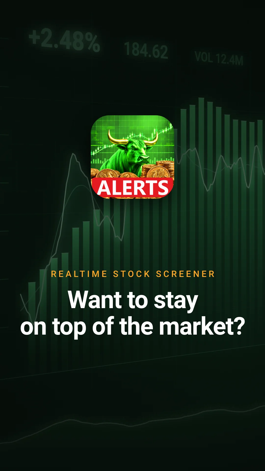 App tour video cover: the Realtime Stock Screener icon over a stock chart with the question Want to stay on top of the market